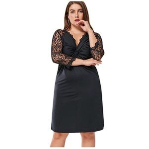 Sale!Black Midi Dress w/ V-Neck Floral Lace Sleeve